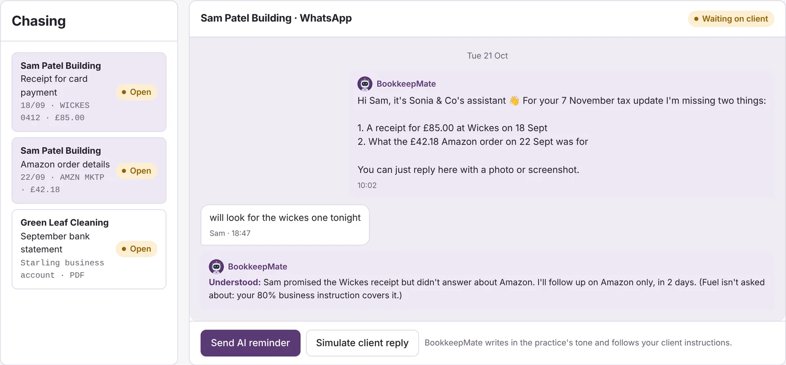 Demo screen: a WhatsApp chasing thread asking Sam for a Wickes receipt and an Amazon order, with his reply
