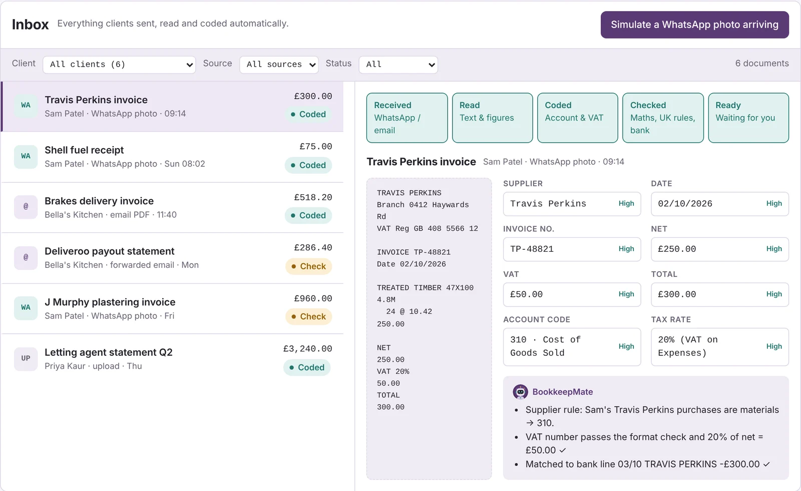 Demo screen: the inbox, showing a Travis Perkins invoice read into supplier, date, net, VAT, total, account and tax rate